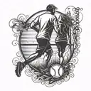 Father/daughter silhouette with heartbeat theme incorporating softball elements, with birthdate 9.29.2008, in blackwork style on back of calf tattoo design idea