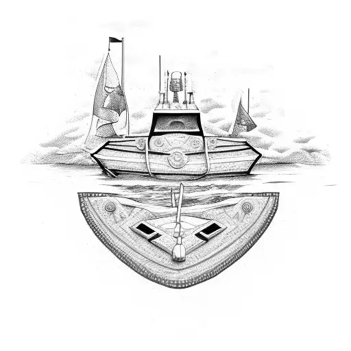 A Blue and white Boat on water, a black corvette, a black rifle, a camo rifle, and handcuffs put into a collage tattoo design idea