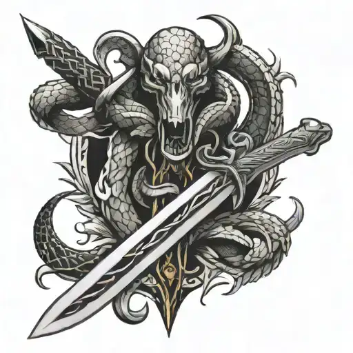 great sword with snake black and white  tattoo design idea