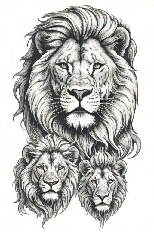 masculine lion head with 2 cubs heads bellow tattoo design idea
