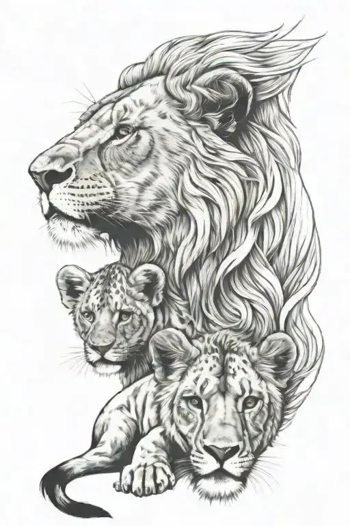 lions head with 2 cubs, lion and one cub have brown eyes, the other cub a light blue/green mix tattoo design idea