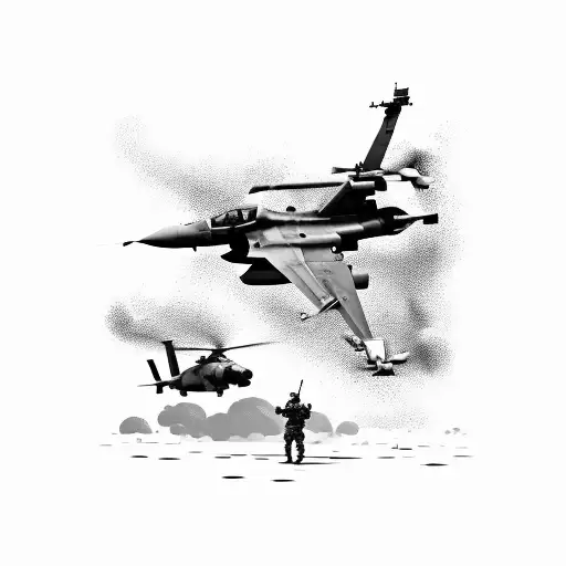 military battle scene with helicopter and f-16 over a tatered flag background tattoo design idea