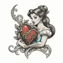Tattoo of Disney's Princess Belle holding and admiring a human heart with her veins  tattoo design idea