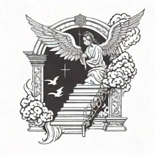 A staircase leading up to the heavens with clouds and an angel with wings holding a cross, incorporating the inscription 'still I rise' tattoo design idea