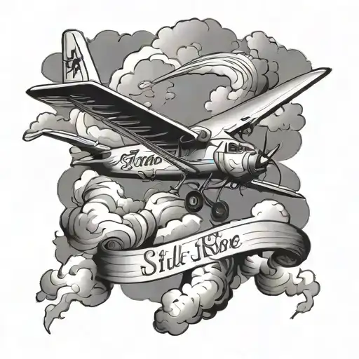 A plane soaring through the clouds with a cross and the inscription 'still I rise', representing the freedom and determination to overcome challenges tattoo design idea