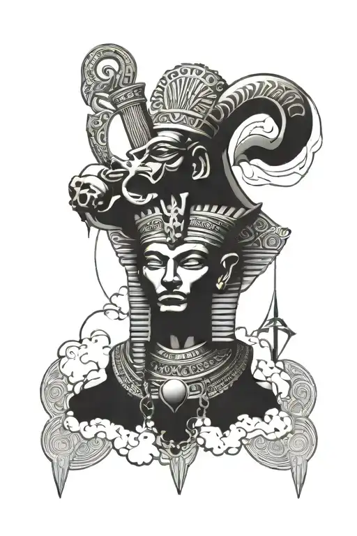 egypt god Holding ankh symbol surrounded by dark clouds tattoo design idea