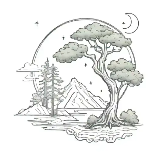 crescent moon and cypress tree tattoo design idea
