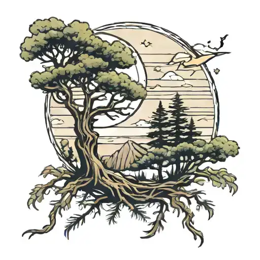 crescent moon and cypress tree tattoo design idea