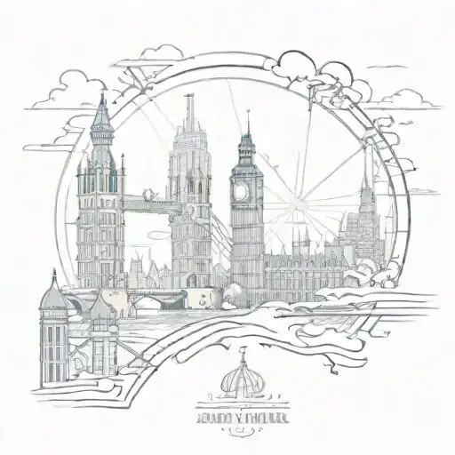 A sketch-style tattoo featuring London's iconic skyline (Big Ben, Tower Bridge, London Eye), a delicate family silhouett tattoo design idea