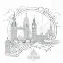 A sketch-style tattoo featuring London's iconic skyline (Big Ben, Tower Bridge, London Eye), a delicate family silhouett tattoo design idea