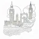 A sketch-style tattoo featuring London's iconic skyline (Big Ben, Tower Bridge, London Eye), a delicate family silhouett tattoo design idea