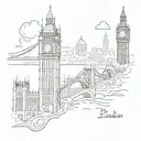 A sketch-style tattoo featuring London's iconic skyline (Big Ben, Tower Bridge, London Eye), a delicate family silhouett tattoo design idea