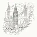 A sketch-style tattoo featuring London's iconic skyline (Big Ben, Tower Bridge, London Eye), a delicate family silhouett tattoo design idea
