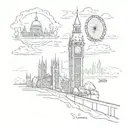 A sketch-style tattoo featuring London's iconic skyline (Big Ben, Tower Bridge, London Eye), a delicate family silhouett tattoo design idea