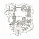 A sketch-style tattoo featuring London's iconic skyline (Big Ben, Tower Bridge, London Eye), a delicate family silhouett tattoo design idea