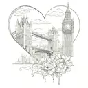 A sketch-style tattoo featuring London's iconic skyline (Big Ben, Tower Bridge, London Eye), a delicate family silhouett tattoo design idea