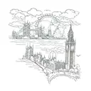 A sketch-style tattoo featuring London's iconic skyline (Big Ben, Tower Bridge, London Eye), a delicate family silhouett tattoo design idea