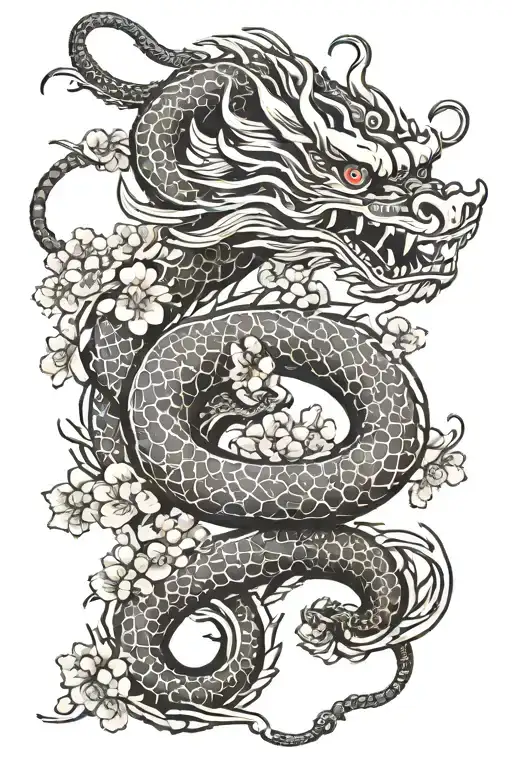 A traditional Japanese dragon intertwined with cherry blossom branches tattoo design idea