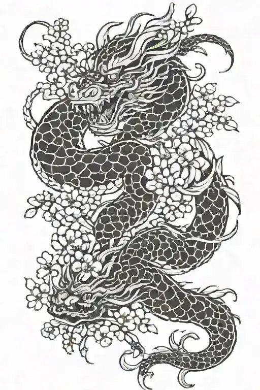A traditional Japanese dragon intertwined with cherry blossom branches tattoo design idea