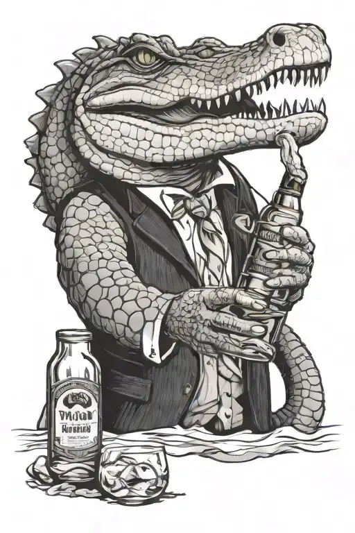 alligator holding glass of bourbon on the rocks with a bottle of Blanton  tattoo design idea
