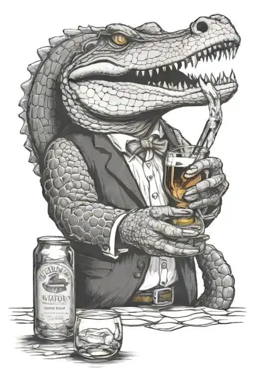 alligator holding glass of bourbon on the rocks with a bottle of Blanton  tattoo design idea