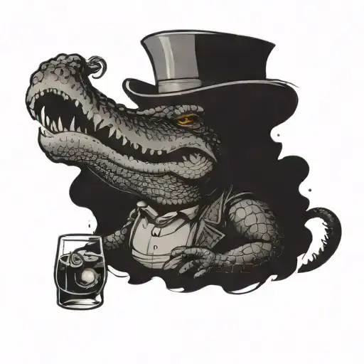 alligator holding glass of bourbon on the rocks with a bottle of Blanton  tattoo design idea