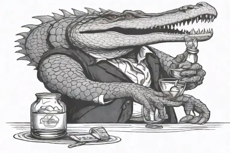 alligator holding glass of bourbon with tail  tattoo design idea