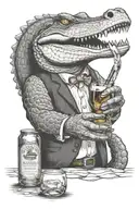 alligator holding glass of bourbon on the rocks with a bottle of Blanton  tattoo design idea