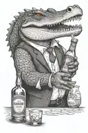 alligator holding glass of bourbon on the rocks with a bottle of Blanton  tattoo design idea