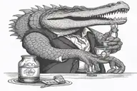 alligator holding glass of bourbon with tail  tattoo design idea