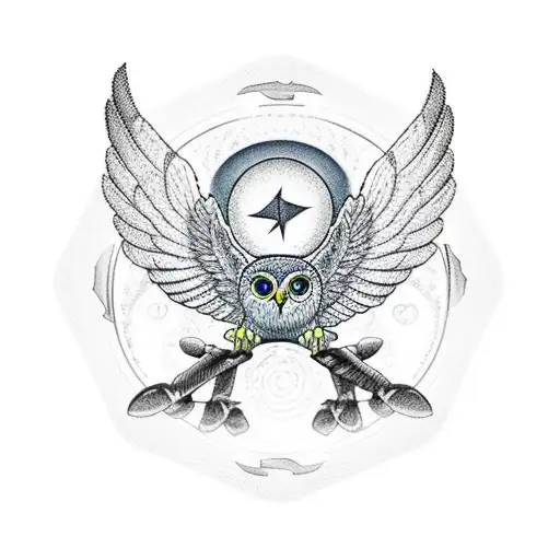 owl with wings spread yin symbol on left wing and yang symbol on right wing tattoo design idea