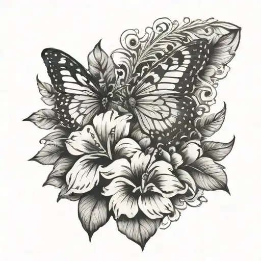 a peacock feather with hibiscus flowers and a monarch butterfly with the word jager  tattoo design idea