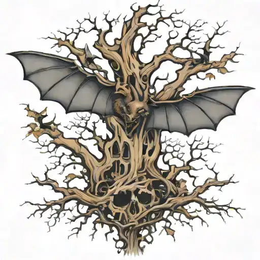 bats flying across lifeless leafless tree  tattoo design idea