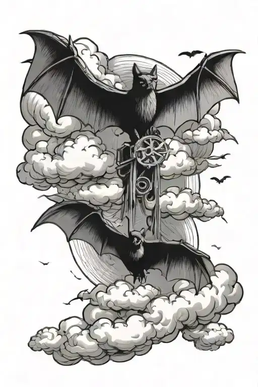 cross around clouds with bats tattoo design idea