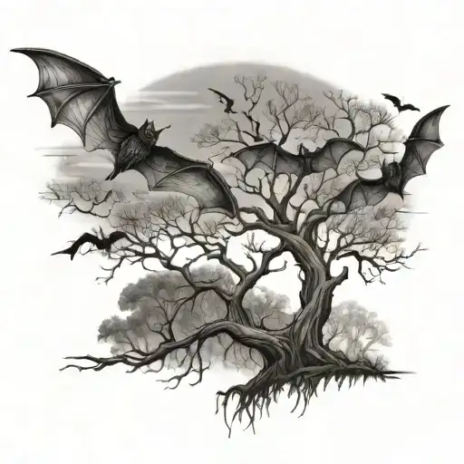 bats flying across lifeless leafless tree  tattoo design idea