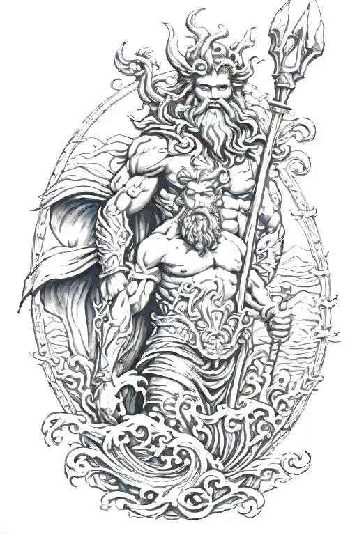 poseidon with trident, the sea under him and the olympus in background  tattoo design idea