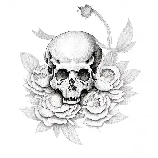 sleeve of peonies & skulls with hidden objects throughout tattoo design idea