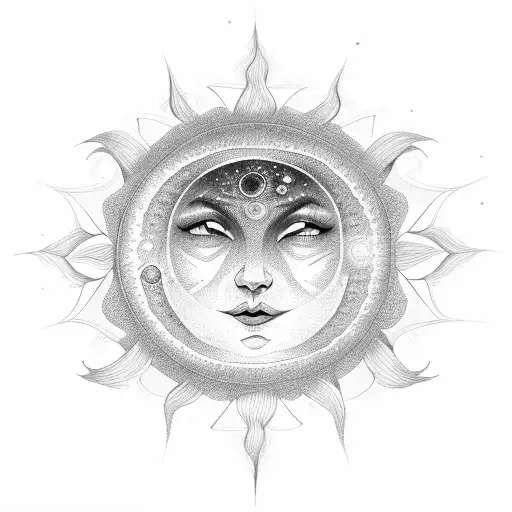Dotwork depiction of the sun, moon, and stars within the tree of life tattoo design idea