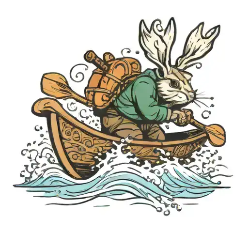 jackalope paddeling canoe in whitewater tattoo design idea