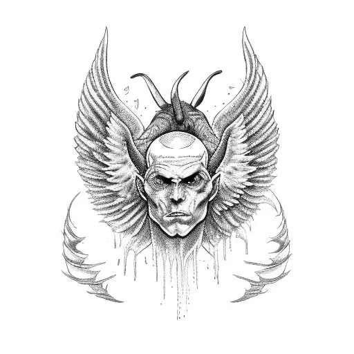 A man with the wings and horns of the devil and the pharynx of an angel tattoo design idea