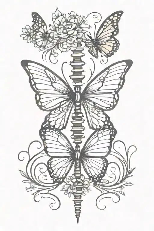 Create me a spine tattoo with a butterfly on top on my spine with love yourself in Japanese characters vertical line tattoo design idea