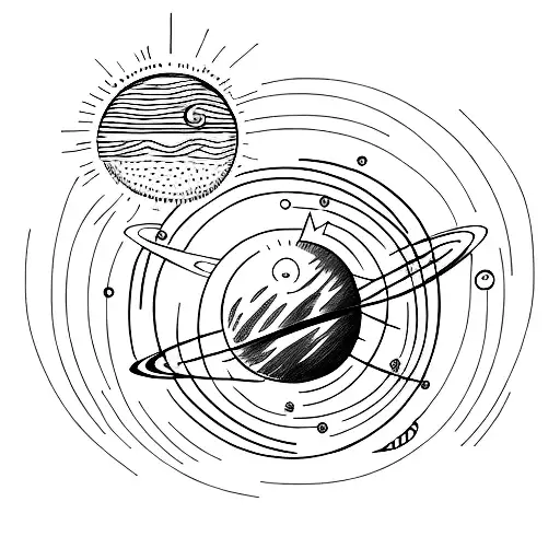 A minimalist tattoo depicting a human figure standing next to a small representation of the sun, highlighting the vastness of the solar system compared to the scale of a person. tattoo design idea