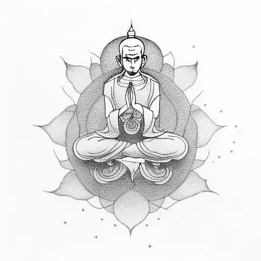 monk in lotus pose on fire tattoo design idea