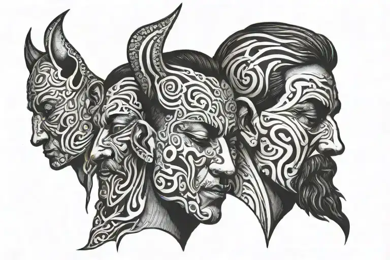 3 faces one holds is ears shut the other one its mouth and the last one covers his eyes tattoo design idea