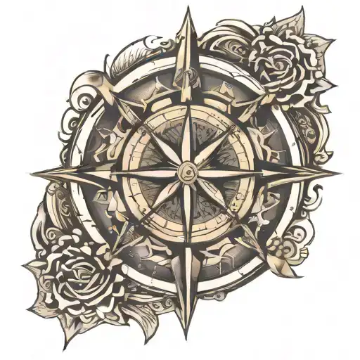 compass rose with an eye of osiris in the center, the slightly exaggerated north and the 4 stoic truths center tattoo design idea