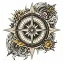 compass rose with an eye of osiris in the center, the slightly exaggerated north and the 4 stoic truths center tattoo design idea