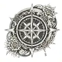 compass rose with an eye of osiris in the center, the slightly exaggerated north and the 4 stoic truths center tattoo design idea