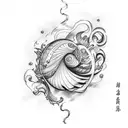 A sketch-style tattoo of a philosophical quote written in a beautiful calligraphy font, surrounded by waves and seashells tattoo design idea