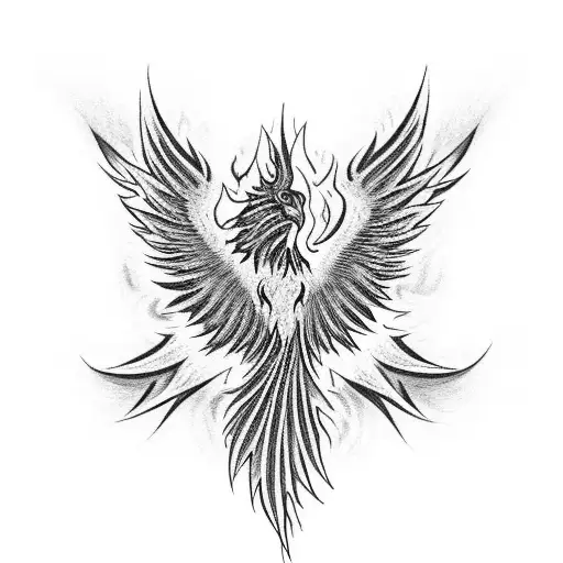 A fierce phoenix rising from the ashes, engulfed in vibrant flames tattoo design idea