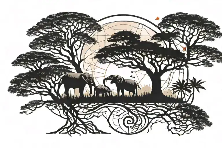 african silhouette - baobab tree, red sun, house nestled on a hill, banyan trees, elephants. Geometric elements. tattoo design idea